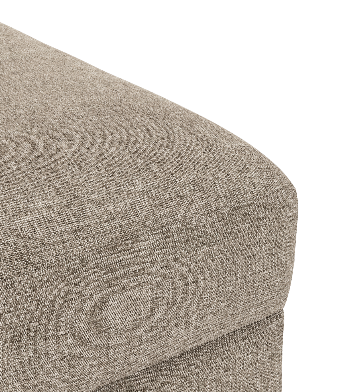 Nærbillede af hjørnet på en beige sofahynde med grovvævet tekstil.
