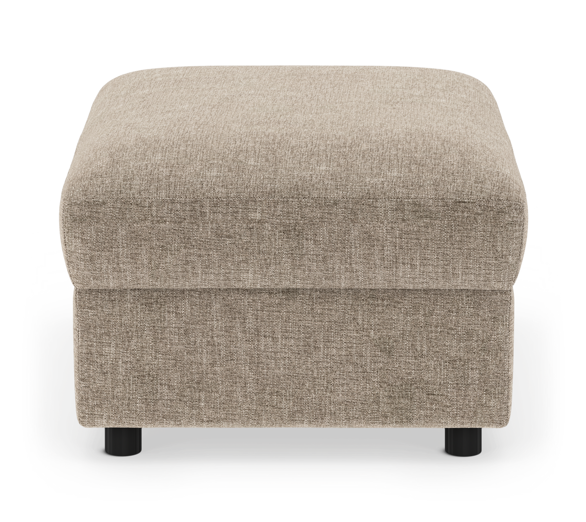 Beige stofpuf/ottoman med afrundede hjørner og sorte ben, frilagt på hvid baggrund.