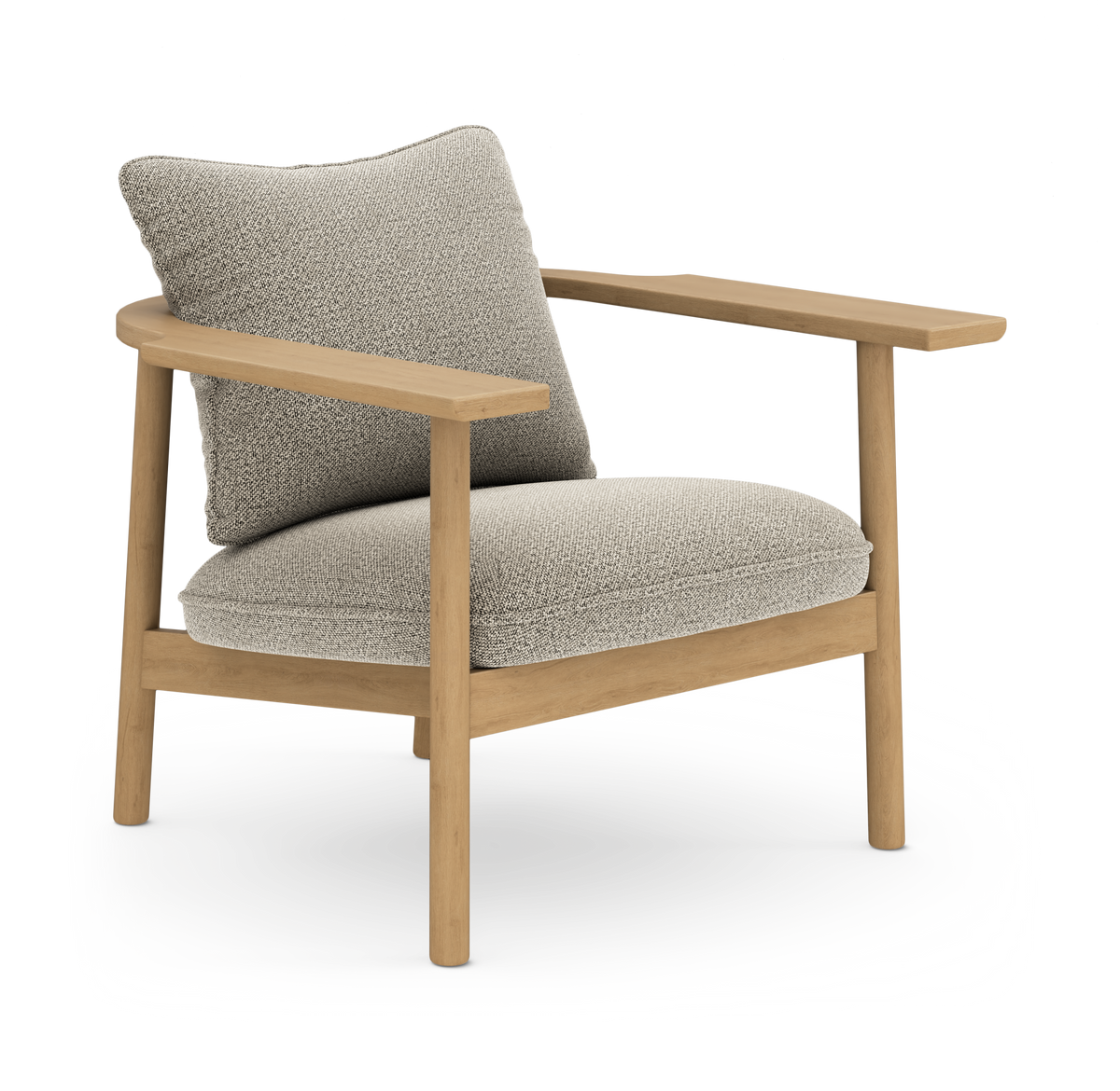 Lounge lænestol i skandinavisk stil med lys træramme og lysebeige, teksturerede hynder, frilagt på hvid baggrund.
