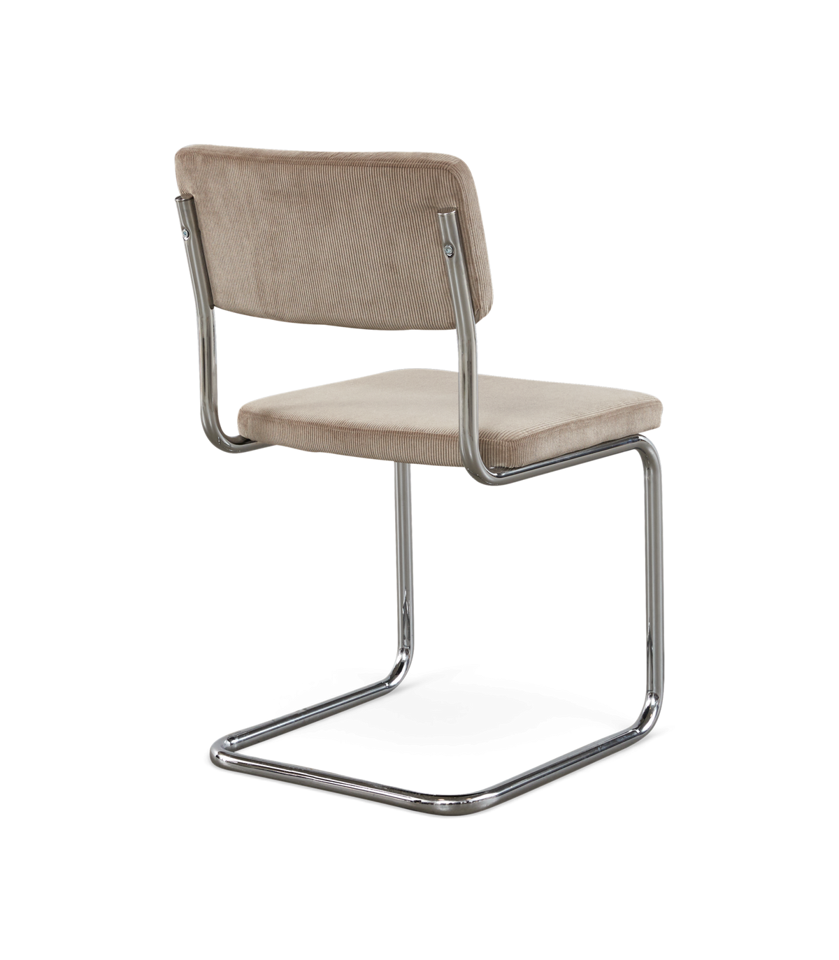 Beige cantilever-stol med kromstel på hvid baggrund, bagfra i vinkel.