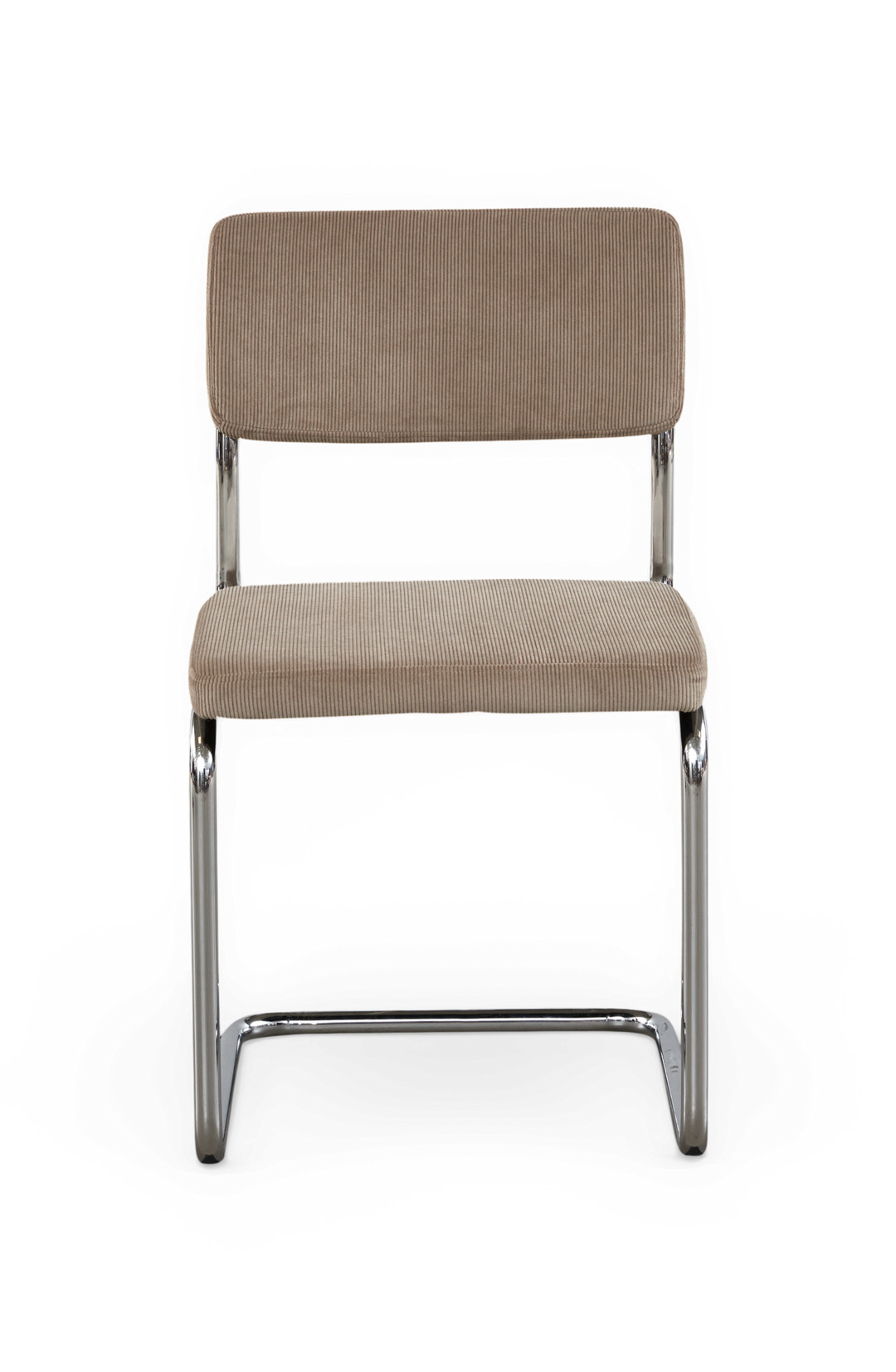Beige, ribbet polstret cantileverstol med forkromet rørstel, set forfra på hvid baggrund.