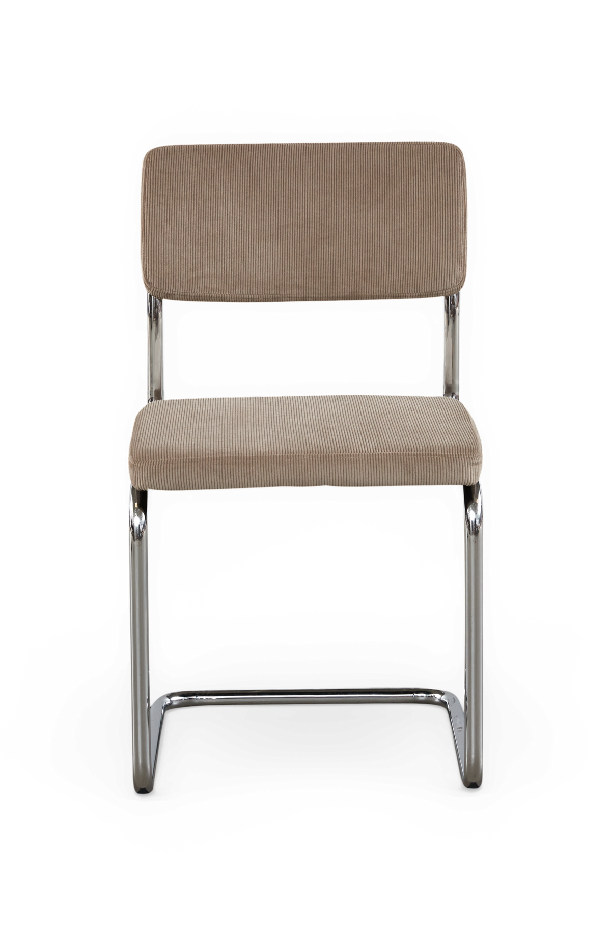 Beige, ribbet polstret cantileverstol med forkromet rørstel, set forfra på hvid baggrund.