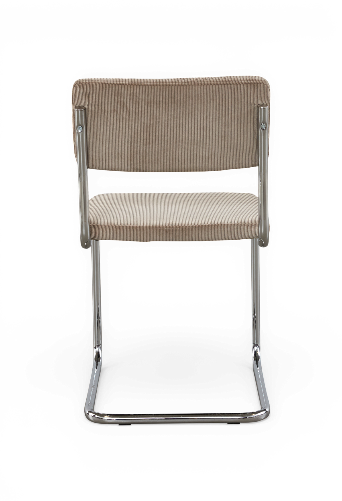 Beige stol i fløjl med krom fritbærende stel, set bagfra.