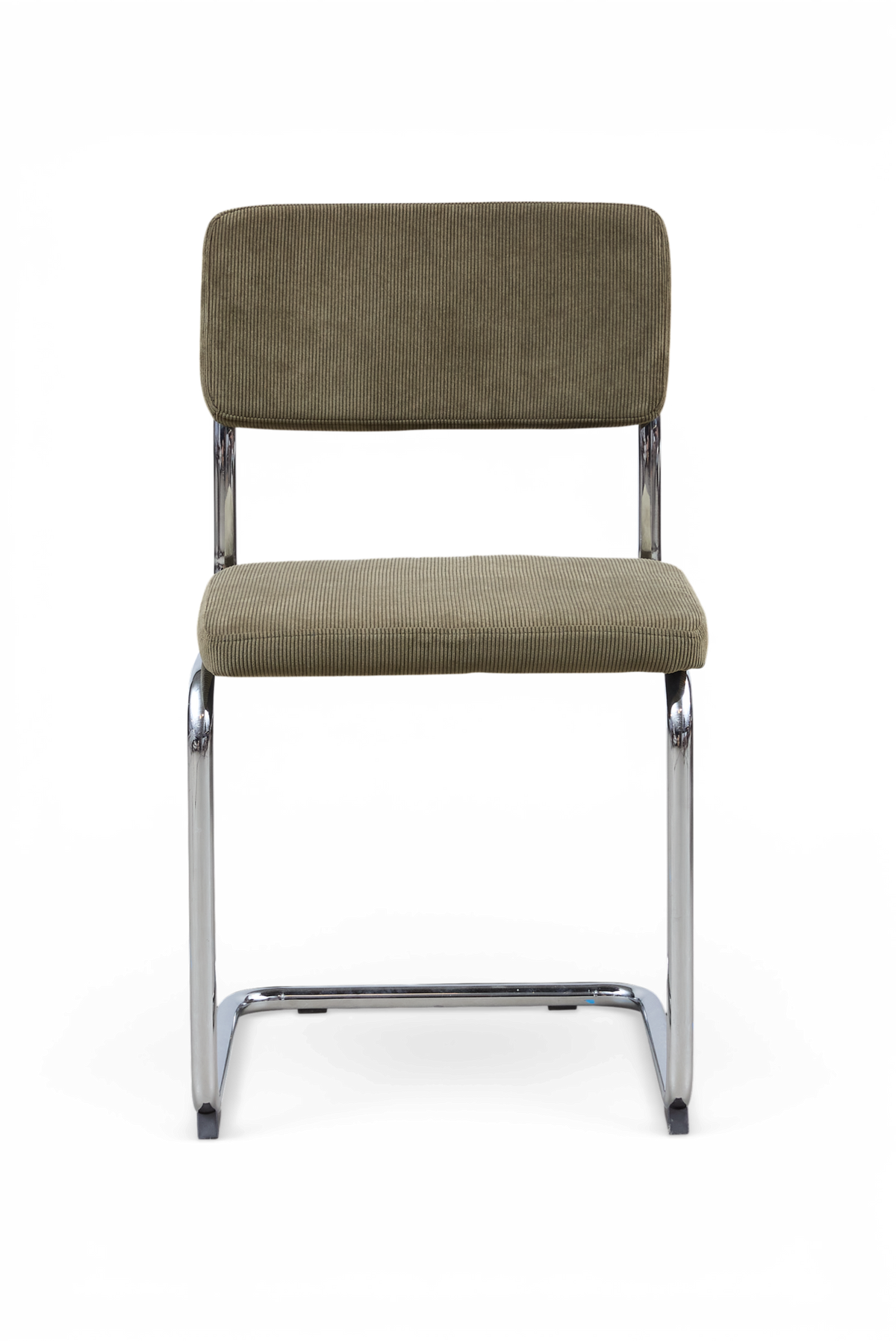 Olivengrøn corduroy-stol med forkromet cantilever-ramme set forfra.