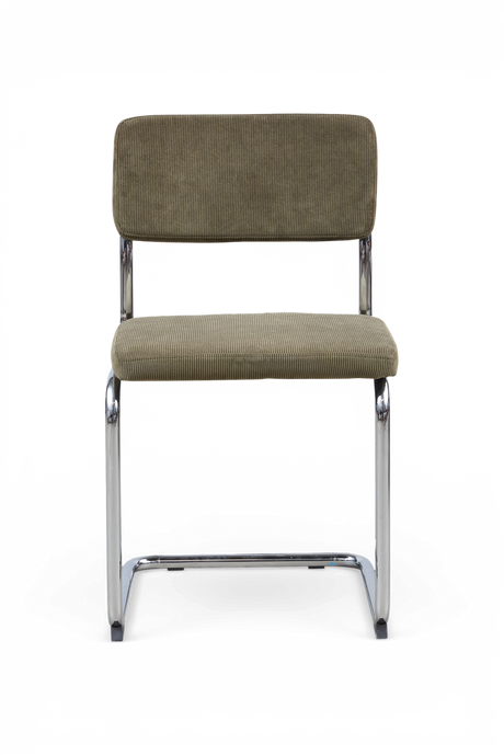 Olivengrøn corduroy-stol med forkromet cantilever-ramme set forfra.
