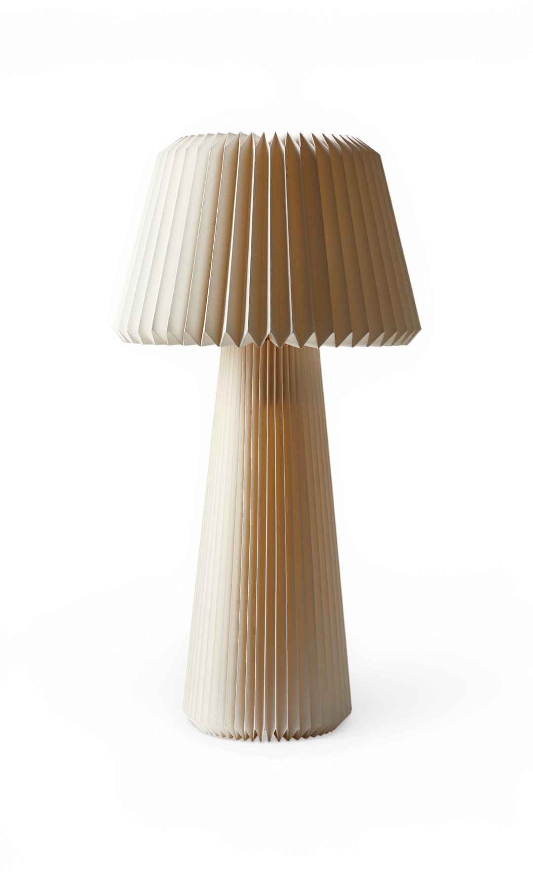 Bordlampe med plisseret skærm og fod i beige, frilagt mod sort baggrund.