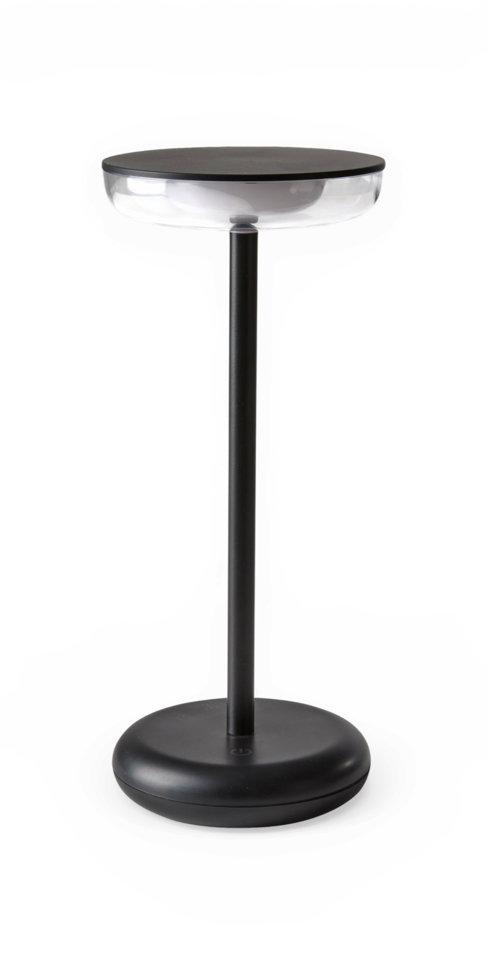 Moderne sort bordlampe med rund skiveformet skærm og rund base, frilagt produkt.