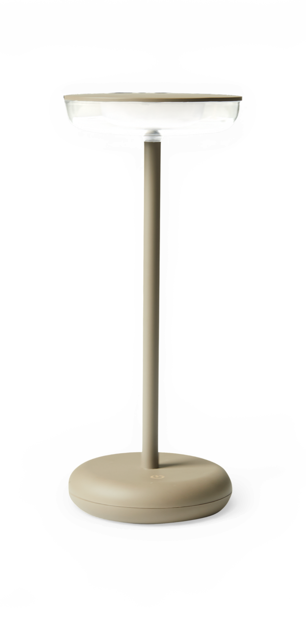 Bærbar beige bordlampe med rund skålformet skærm og touch‑tænd/sluk‑knap på basen.