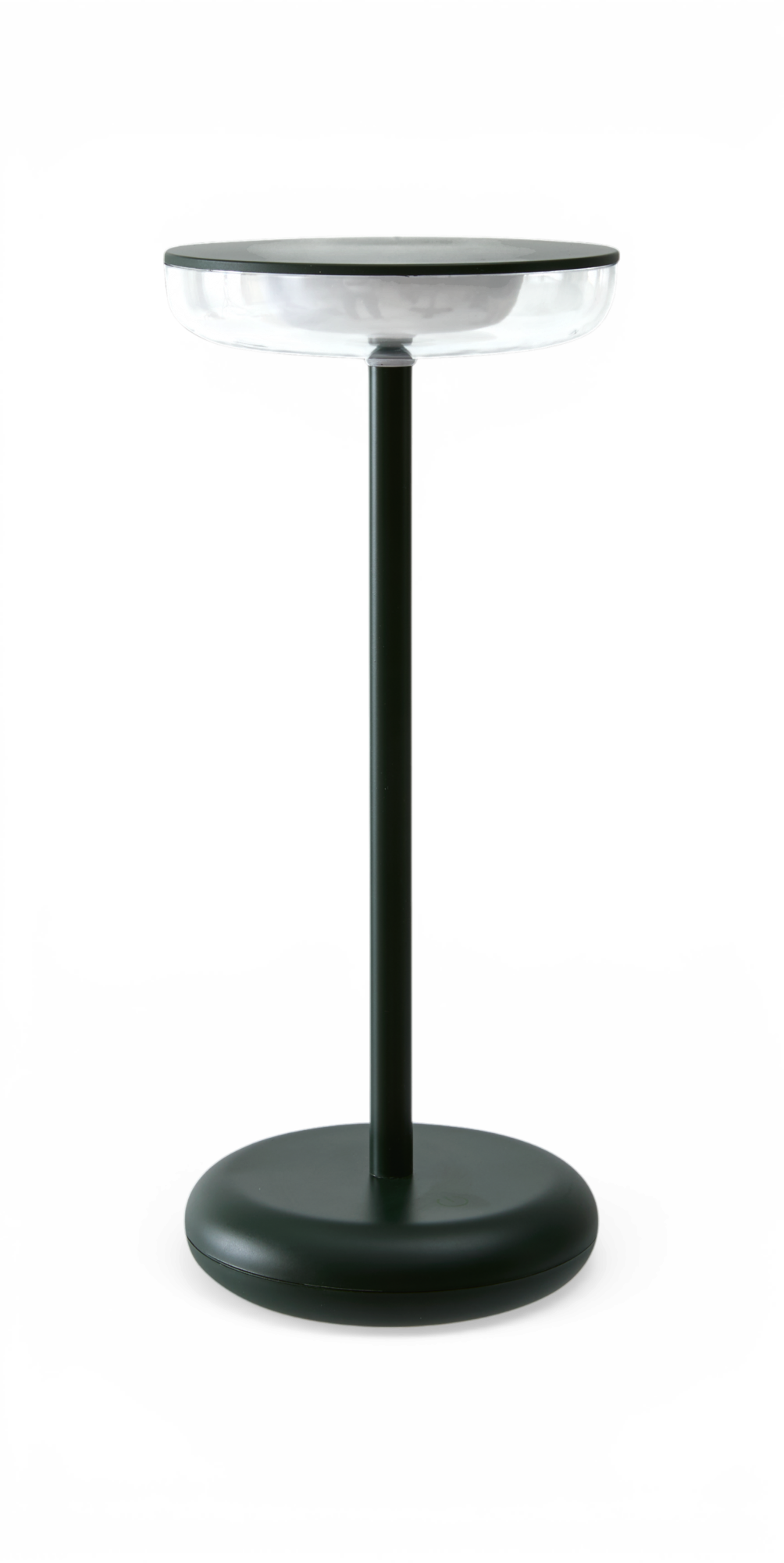 Moderne mørkegrønt sidebord/piedestal med rund glasskive og rund fod, frilagt på hvid baggrund.