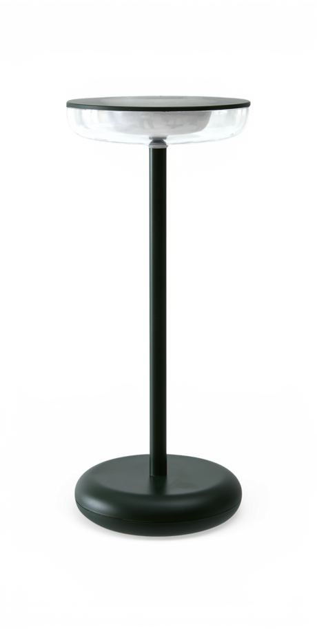 Moderne mørkegrønt sidebord/piedestal med rund glasskive og rund fod, frilagt på hvid baggrund.