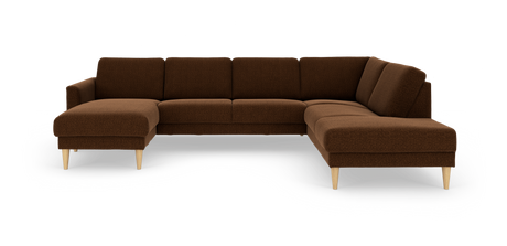 Brun U‑formet modulsofa med chaiselong i begge ender og lyse træben.