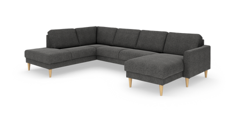 Mørkegrå U‑sofa i stof med lyse træben, fritlagt på hvid baggrund.