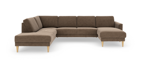 Brun L‑sofa med chaiselong til højre og træben, fritstående på hvid baggrund.
