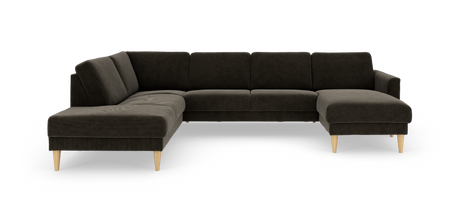 Mørkebrun hjørnesofa i cord/fløjl med højre chaiselong og lyse træben, frilagt på hvid baggrund.