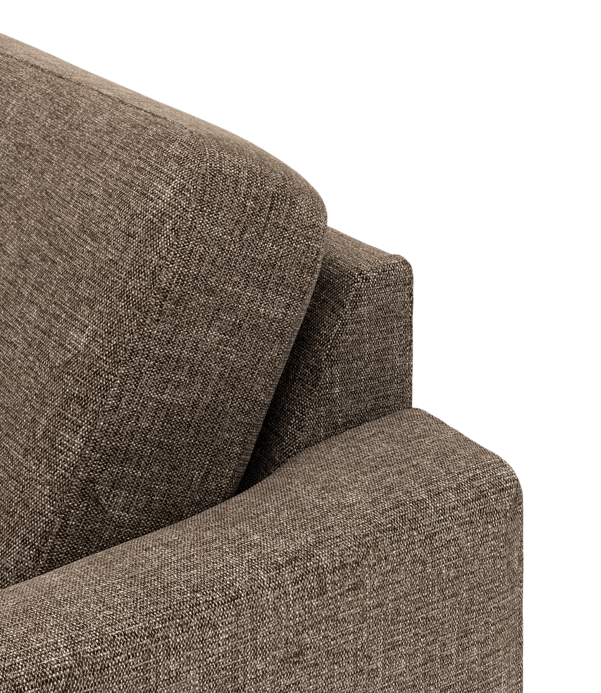 Nærbillede af brun stofsofa med armlæn og ryghynde.