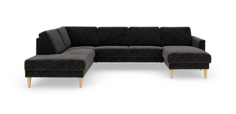 Mørkegrå L‑formet hjørnesofa med chaiselong til højre og koniske ben i lyst træ, frilagt på hvid baggrund.