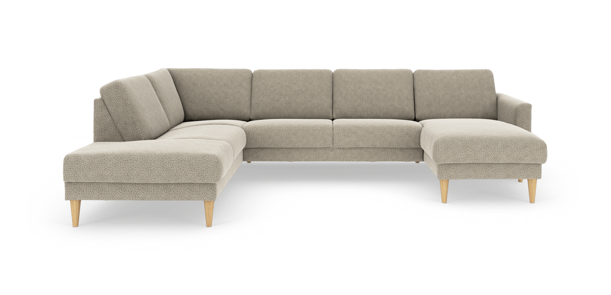 U-formet modulsofa i beige stof med træben, frilagt på hvid baggrund.