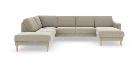 U-formet modulsofa i beige stof med træben, frilagt på hvid baggrund.