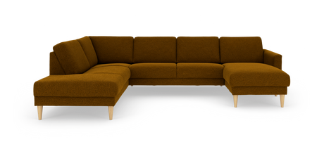 Hjørnesofa i sennepsgul bouclé med højre chaiselong og koniske ben i lyst egetræ.