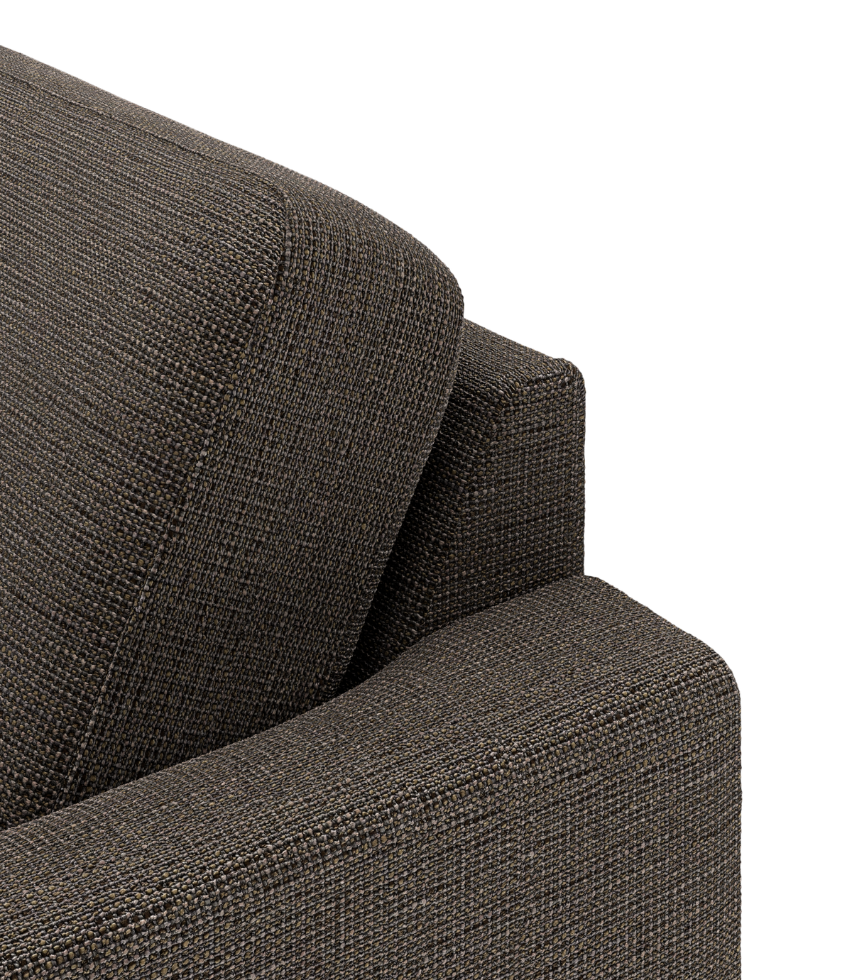 Nærbillede af et mørk gråbrunt sofa-hjørne med tekstureret stof og skråt rygpude.