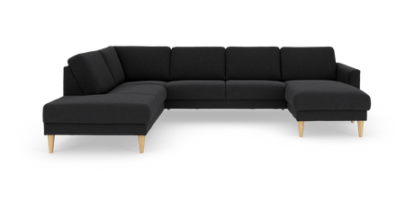 Hjørnesofa i sort stof med højre chaiselong og lyse træben.