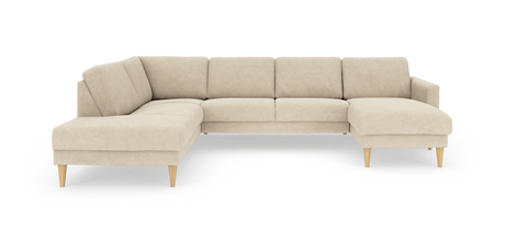 Beige L‑formet modulsofa med chaiselong til højre og koniske ben i lyst træ.