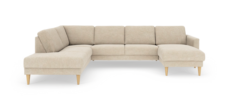 Beige L-formet modulsofa med chaiselong til højre og koniske træben, fritlagt på hvid baggrund.