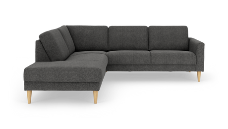 Mørkegrå hjørnesofa med venstrevendt chaiselong og lyse træben.