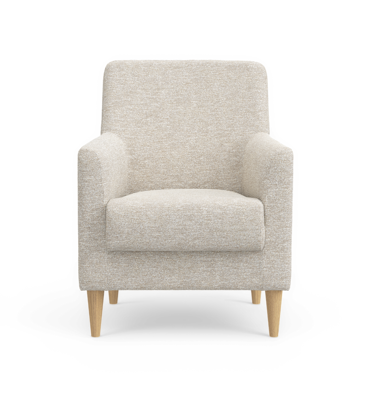 Beige lænestol med bløde armlæn og lyse træben, frontvisning mod hvid baggrund.