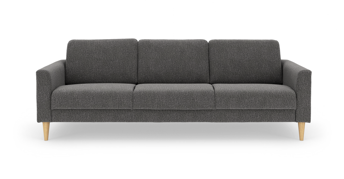 Mørkegrå 3-personers sofa med træben, frontvisning på hvid baggrund.