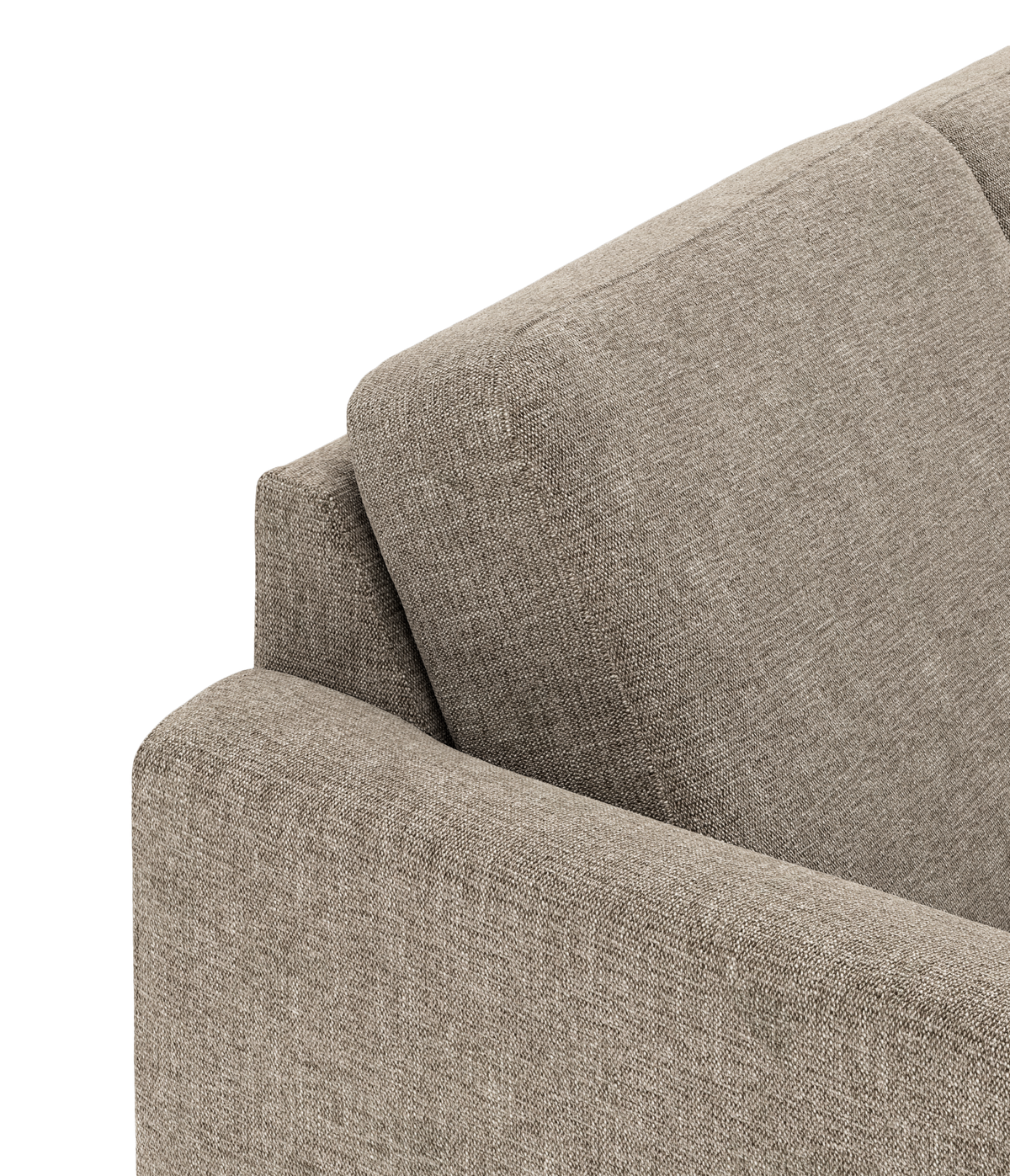 Nærbillede af beige stofsofa med armlæn og rygpude.