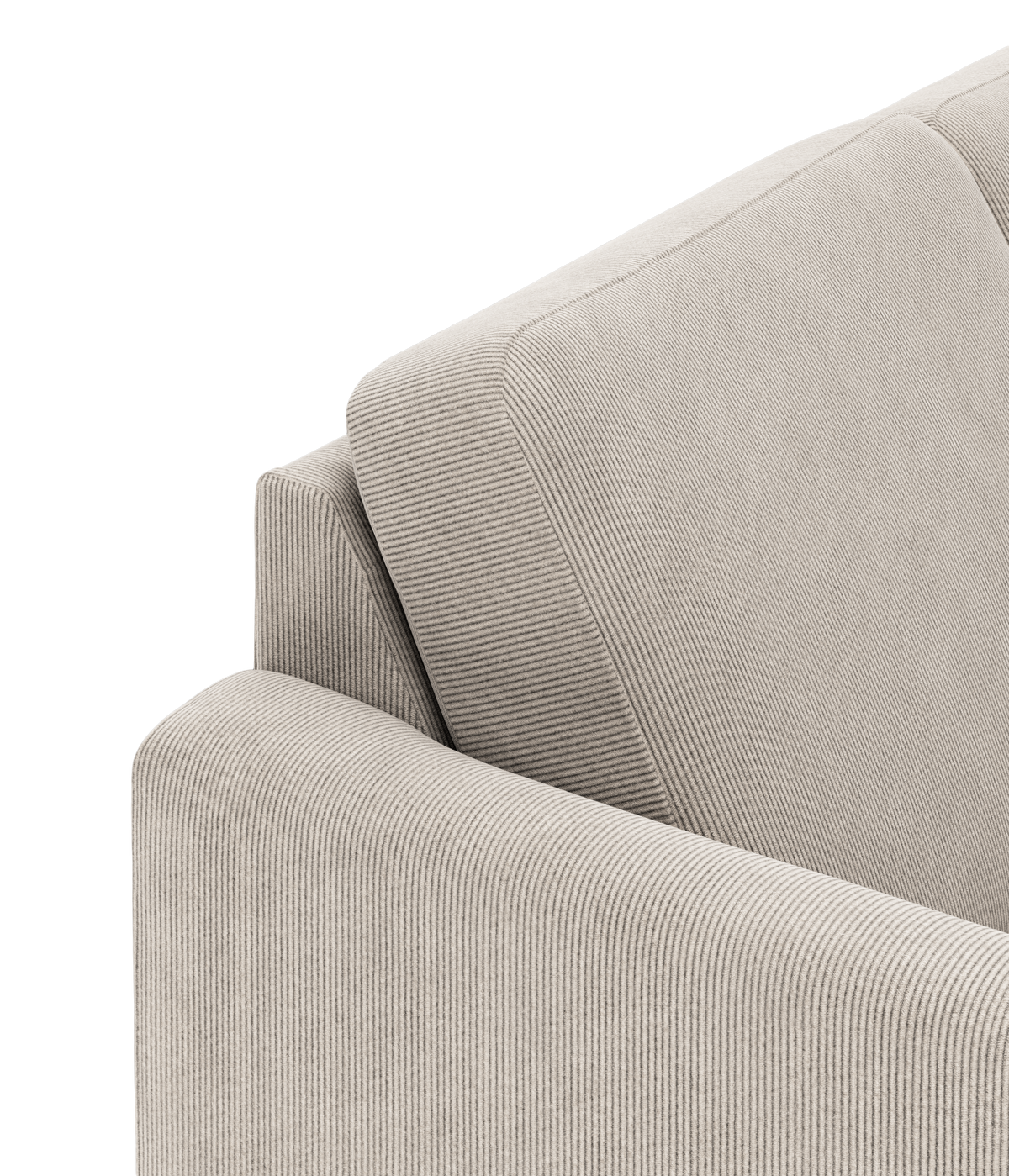 Nærbillede af beige rillet sofa med armlæn og ryghynder.
