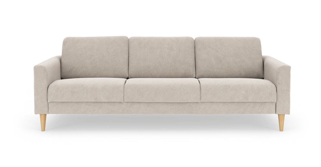 Beige tresæders sofa med træben, frontvisning, produktfoto på hvid baggrund.