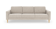 Beige tresæders sofa med træben, frontvisning, produktfoto på hvid baggrund.