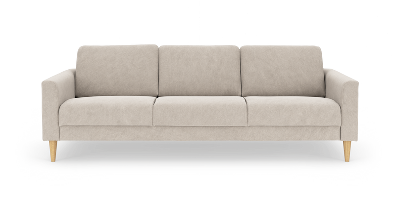 Beige tresæders sofa med træben, frontvisning, produktfoto på hvid baggrund._ps