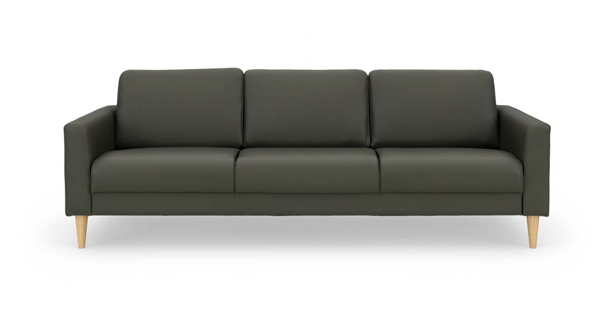 Mørkegrå 3-personers sofa med smalle armlæn og koniske træben, frontvisning på hvid baggrund.