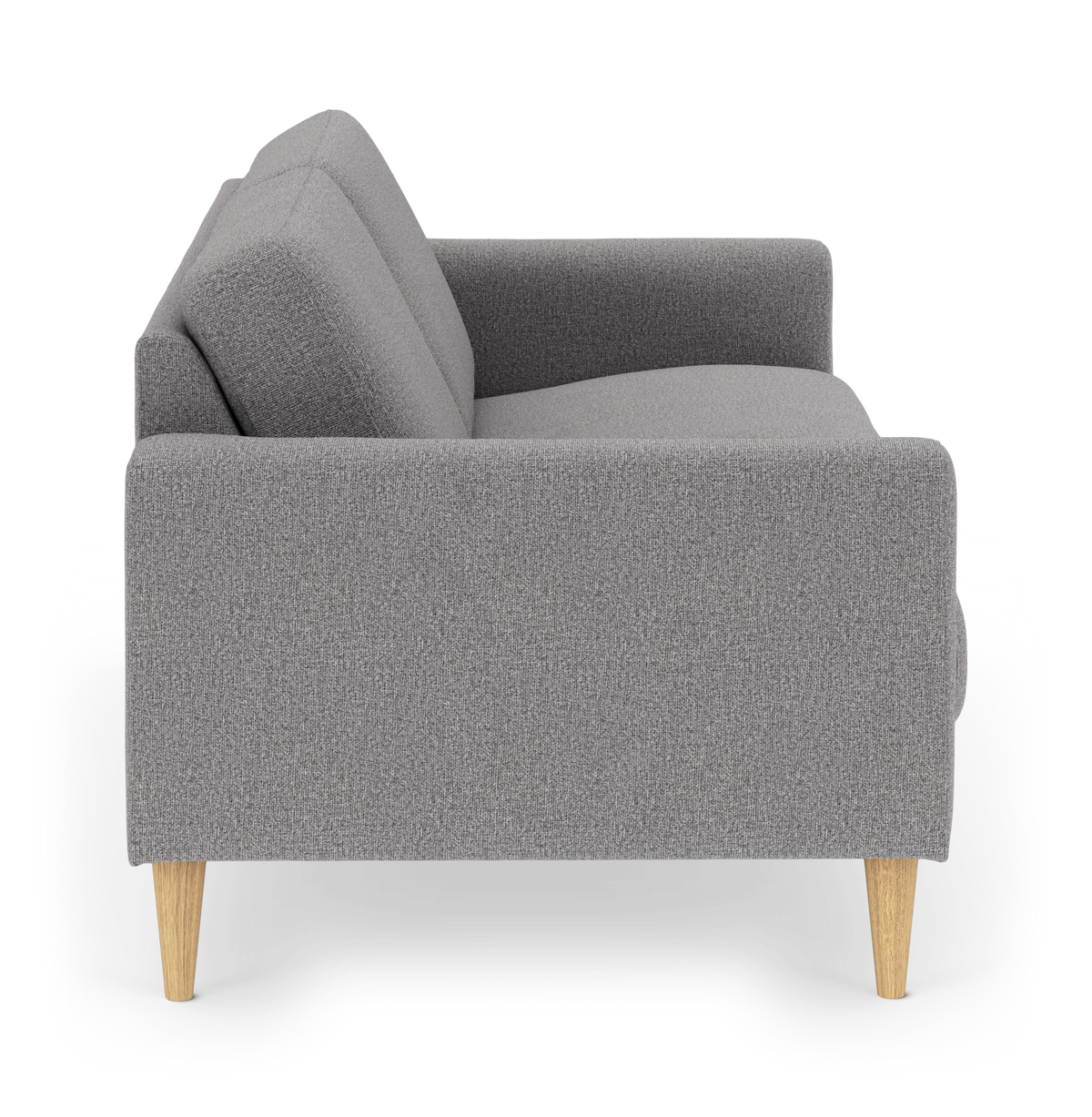 Grå stofsofa med lyse træben og ryghynder, sideprofil.