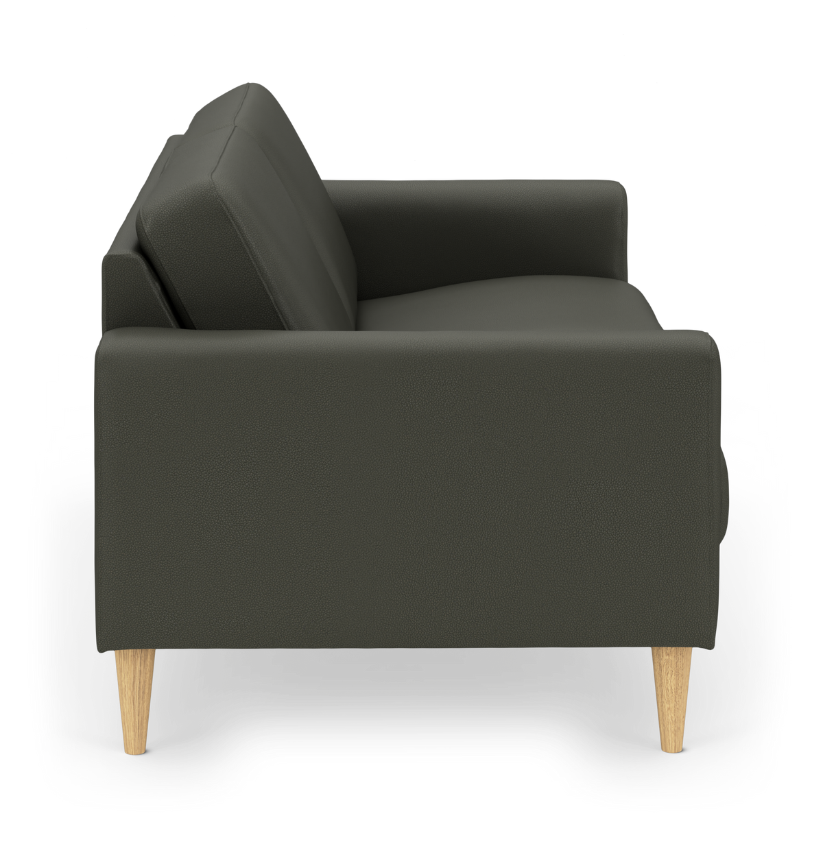 Mørkegrøn sofa med lyse træben set fra siden, frilagt mod hvid baggrund.