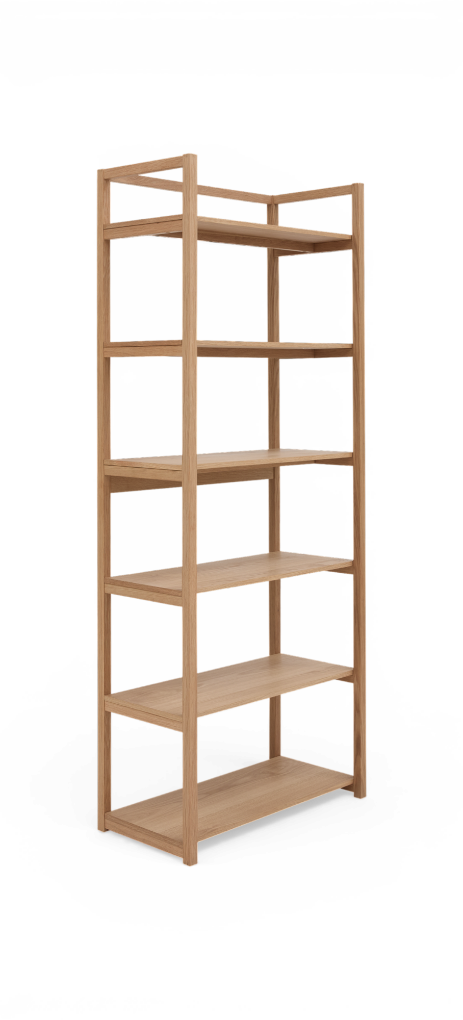 Høj åben reol i eg med seks hylder og en minimalistisk ramme.