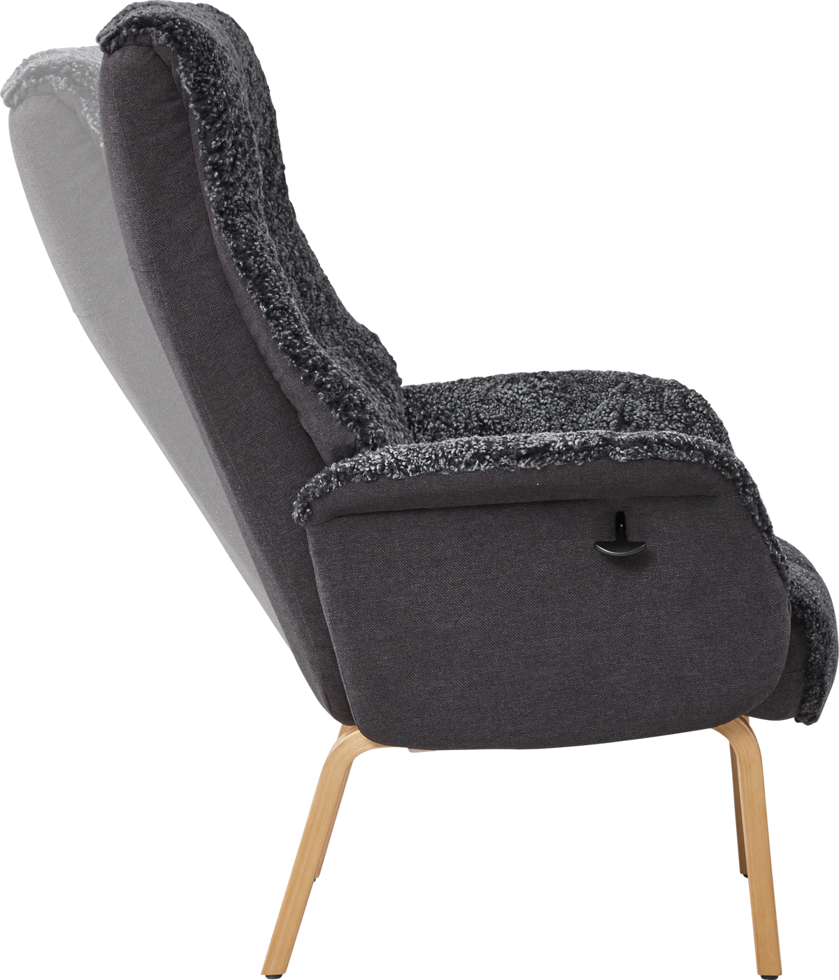 Sidevisning af en grå recliner-lænestol med justerbart ryglæn, frilagt på hvid baggrund.