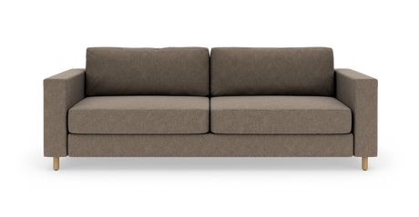 Brungrå 3-personers sofa med lige armlæn og lyse træben, set forfra på hvid baggrund.