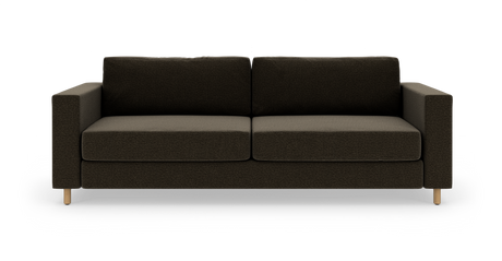 Mørkebrun 2-personers sofa med firkantede armlæn og lyse træben, set forfra mod hvid baggrund.