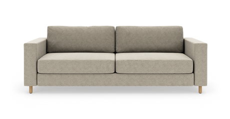 Beige sofa i moderne, minimalistisk stil med to sædehynder, lige armlæn og træben, frilagt på hvid baggrund.