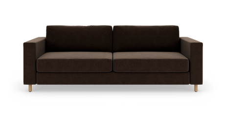 Mørkebrun, moderne 2‑personers sofa med træben, fritlagt på hvid baggrund set forfra.