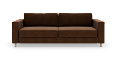 Brun 2-personers sofa med lige armlæn og træben, frilagt på hvid baggrund.