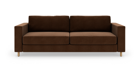 Brun 2-personers sofa med lige armlæn og træben, frilagt på hvid baggrund.