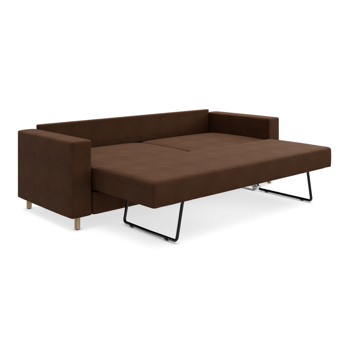 Brun sovesofa i udfoldet position med metalben.