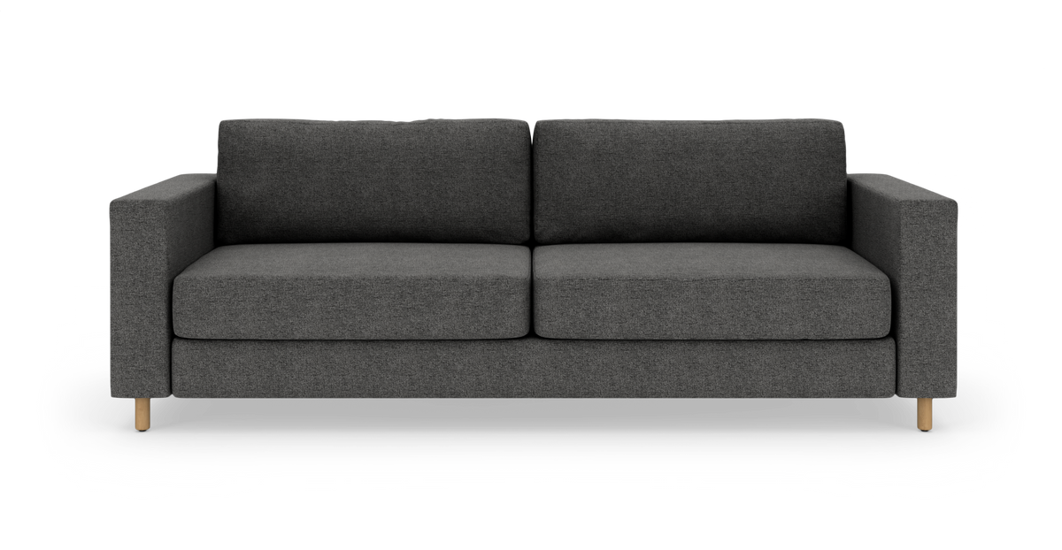 Mørkegrå sofa med lige armlæn og runde træben.