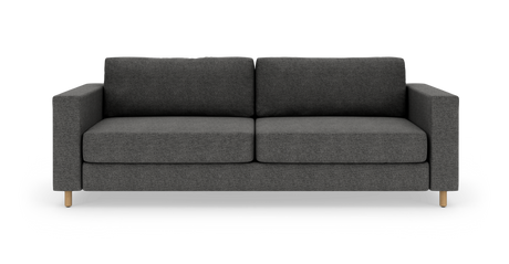 Mørkegrå sofa med lige armlæn og runde træben.