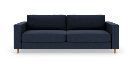 Mørkeblå, moderne 2-personers sofa med lige armlæn og lyse træben på hvid baggrund.